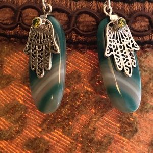 Botswana Agate HamsaGreen SterlingSilver Earrings